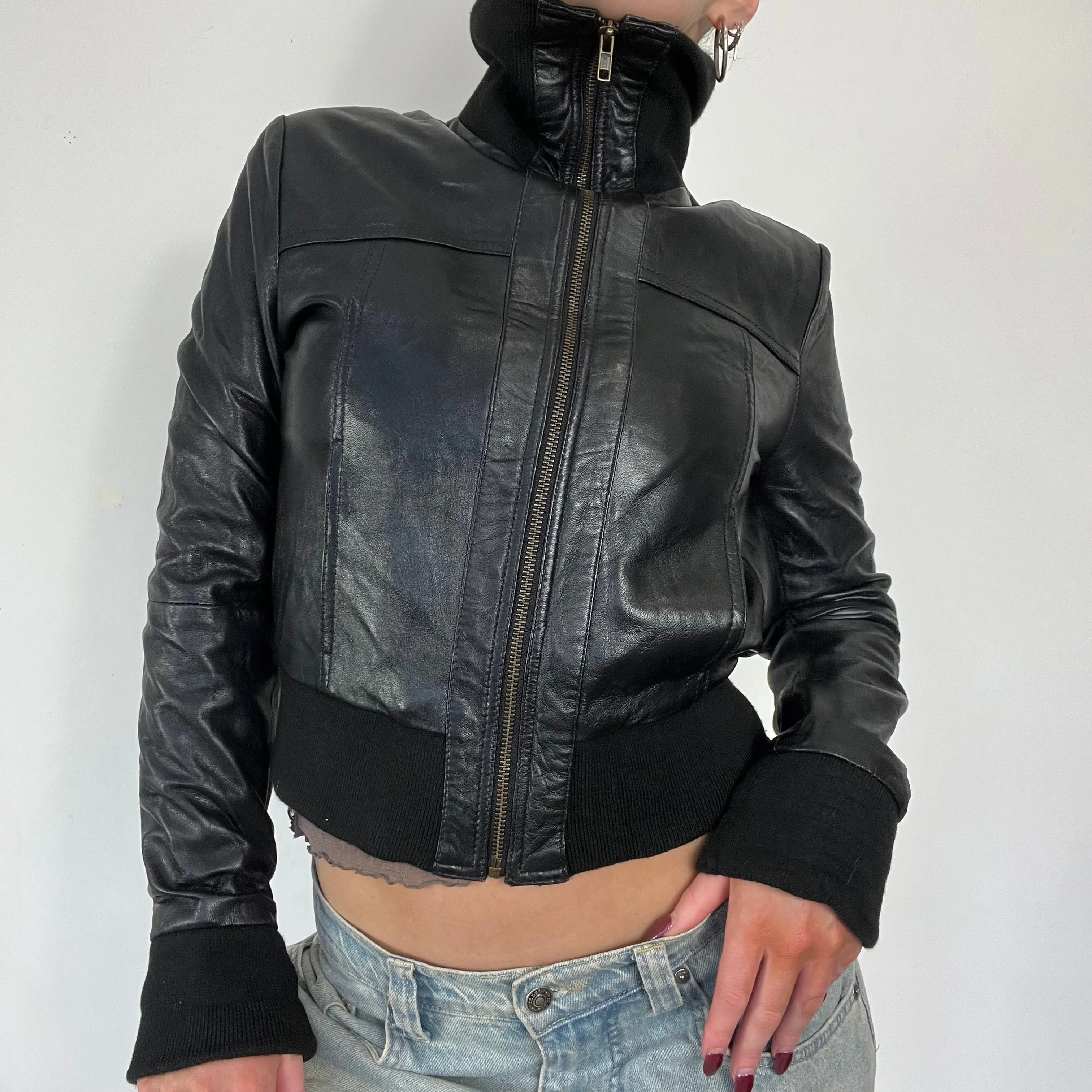 90s black leather bomber jacket - Size S