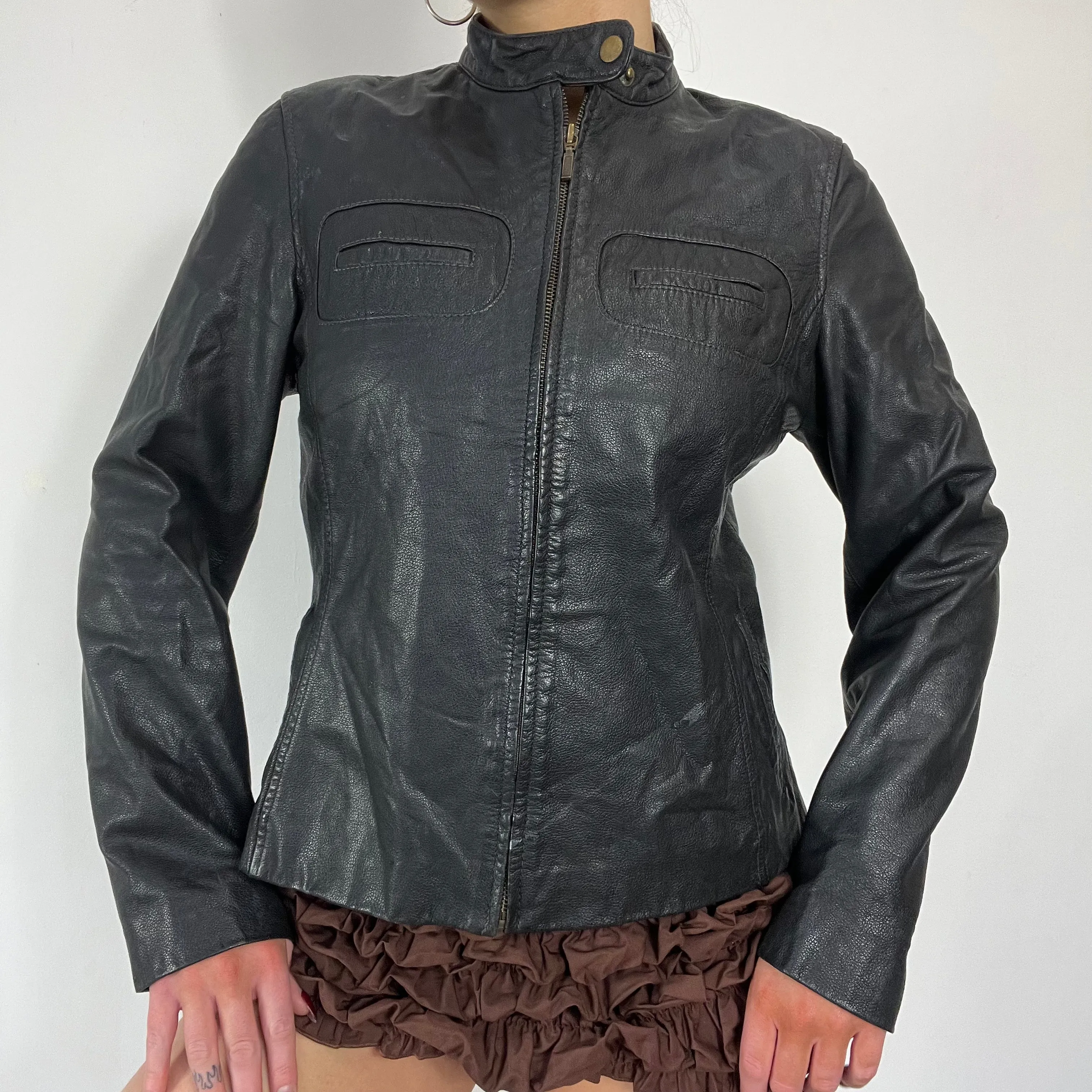 90s black leather moto jacket - Size M