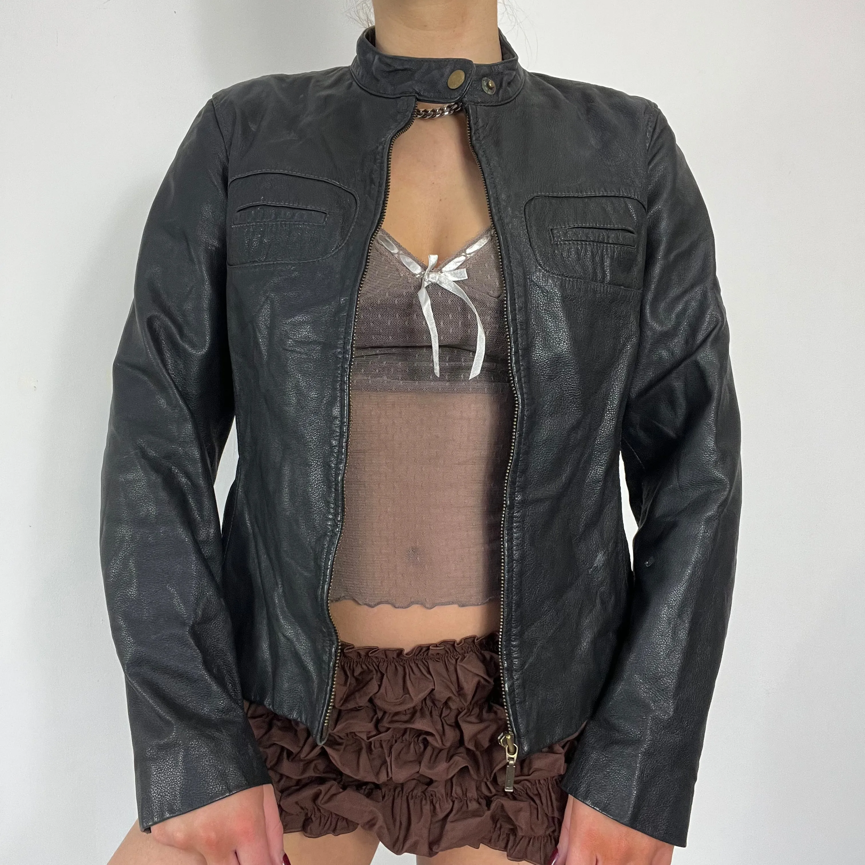 90s black leather moto jacket - Size M