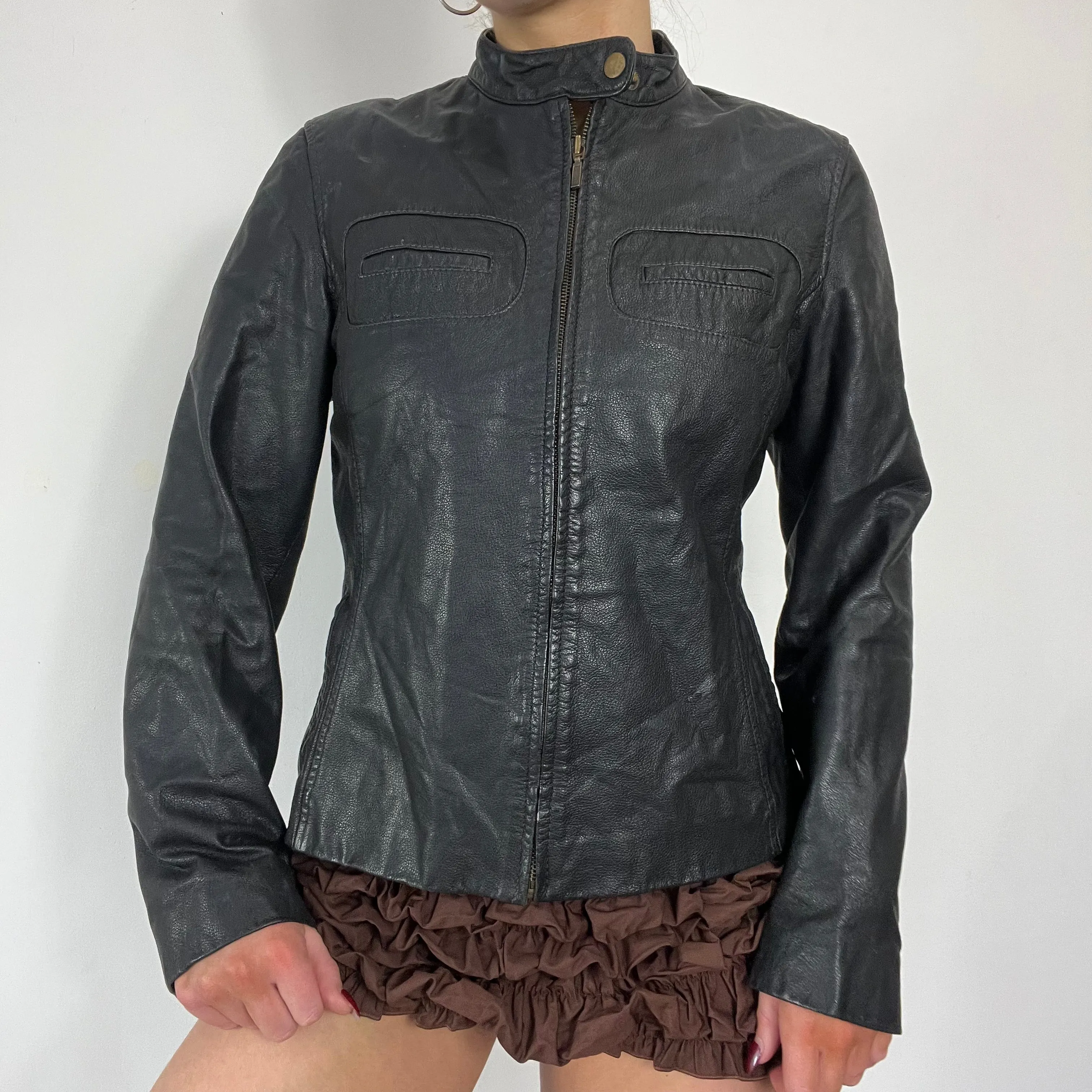90s black leather moto jacket - Size M