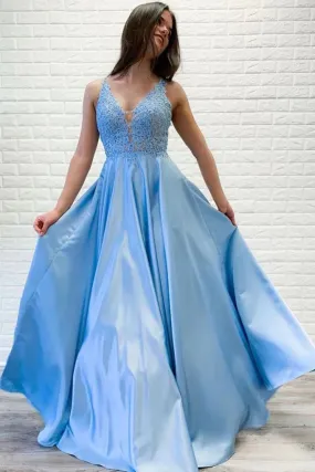 A-line Evening Dresses V Neck Lace Long Prom Dresses Blue Satin Open Back