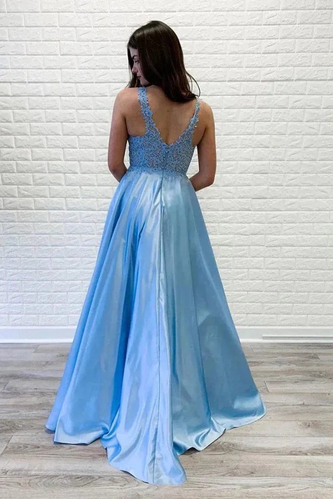 A-line Evening Dresses V Neck Lace Long Prom Dresses Blue Satin Open Back