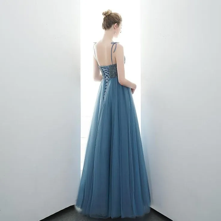 A-Line Spaghetti Straps Lace Up Back Beading Tulle Long Prom Dresses Evening Dresses