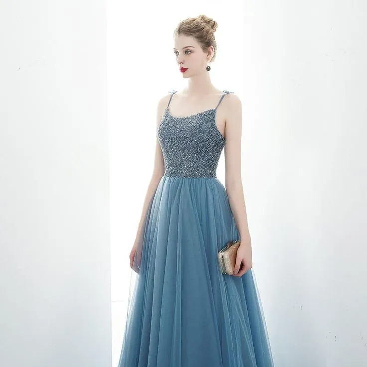 A-Line Spaghetti Straps Lace Up Back Beading Tulle Long Prom Dresses Evening Dresses