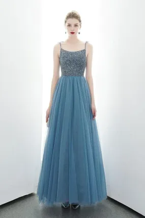A-Line Spaghetti Straps Lace Up Back Beading Tulle Long Prom Dresses Evening Dresses