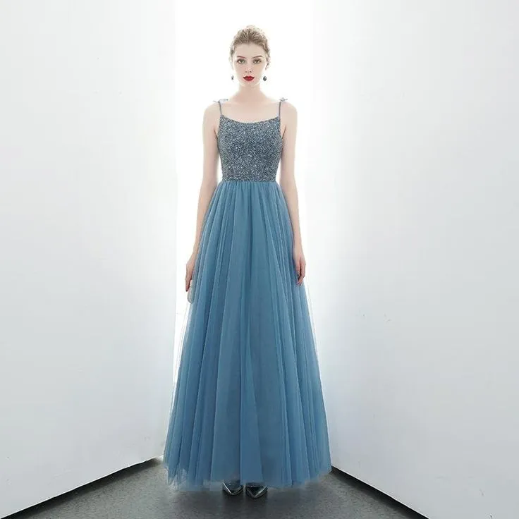 A-Line Spaghetti Straps Lace Up Back Beading Tulle Long Prom Dresses Evening Dresses