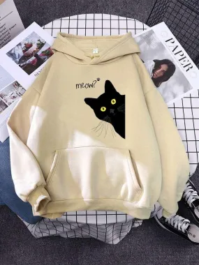 Big Black Cat Print Hoodie Womens Streetwear