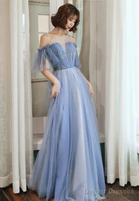 Blue Tulle Long A-Line Prom Dresses, Blue Evening Dresses