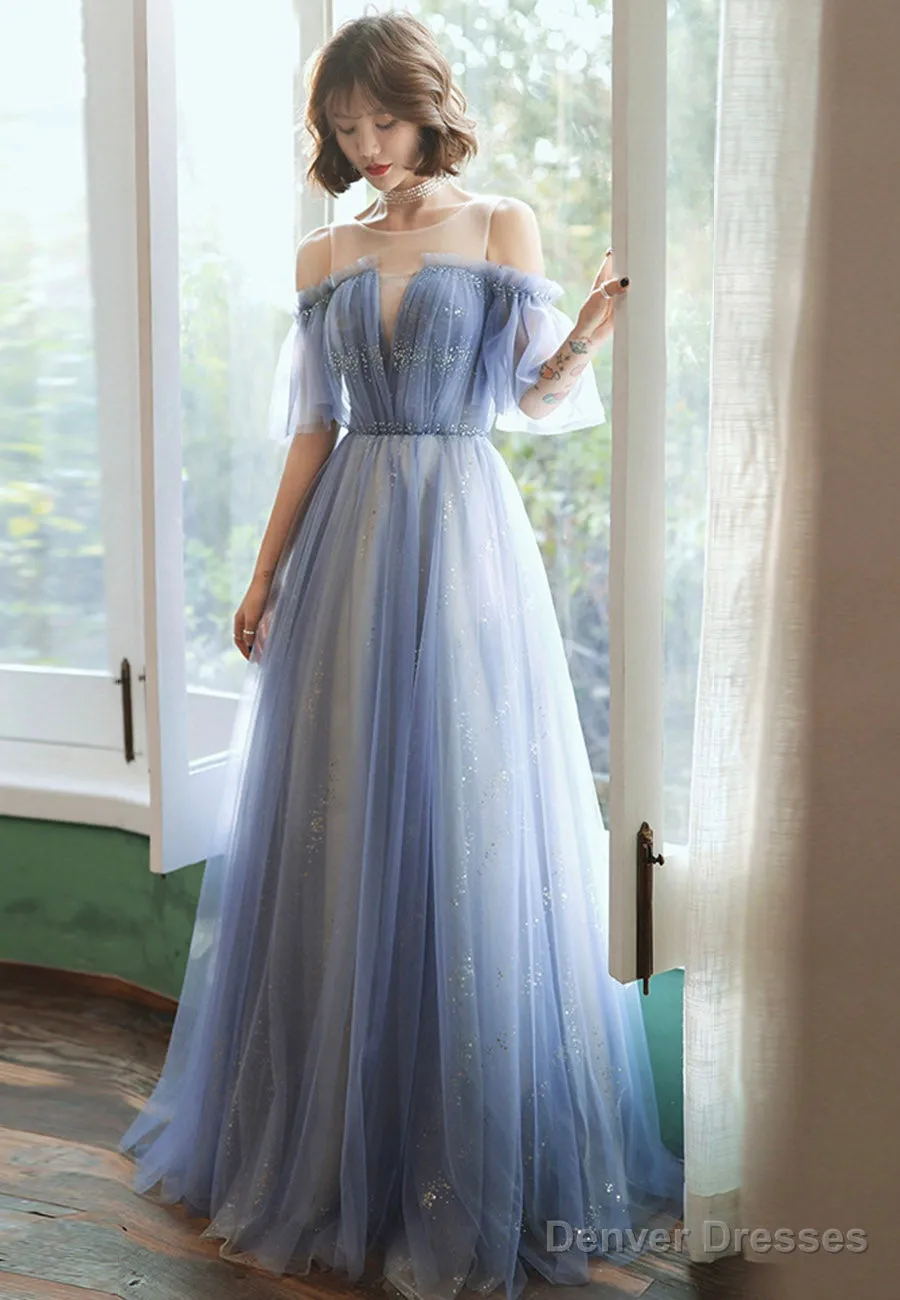 Blue Tulle Long A-Line Prom Dresses, Blue Evening Dresses