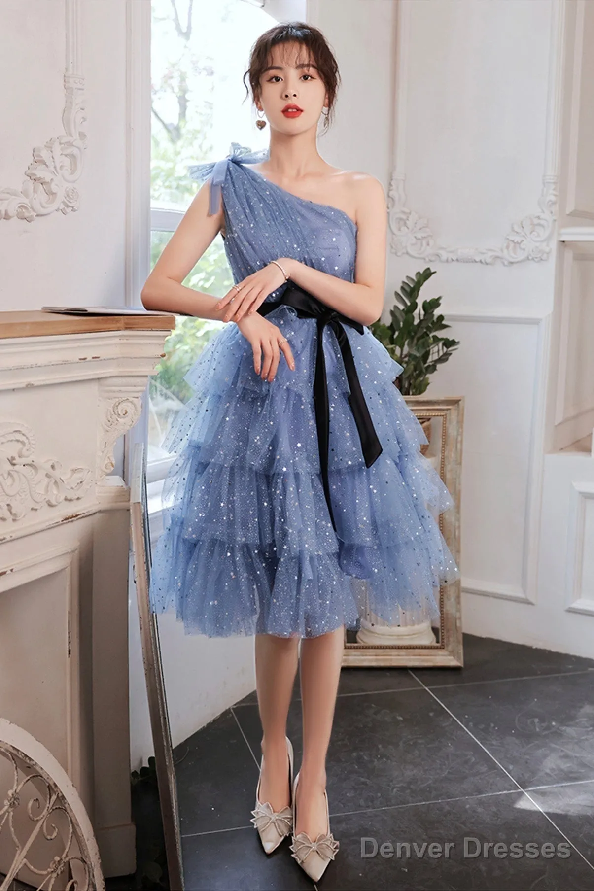 Blue Tulle Short Prom Dresses, One Shoulder Evening Dresses