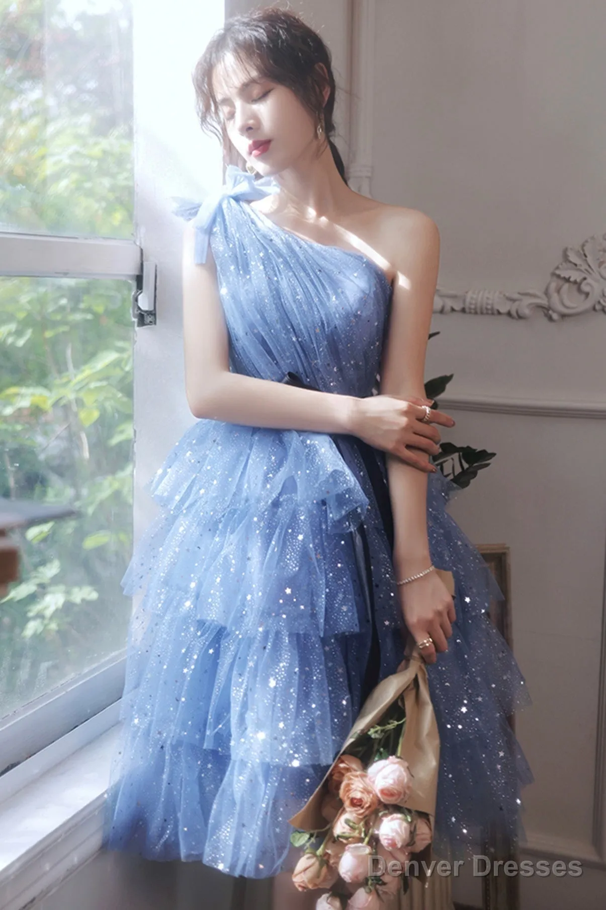 Blue Tulle Short Prom Dresses, One Shoulder Evening Dresses