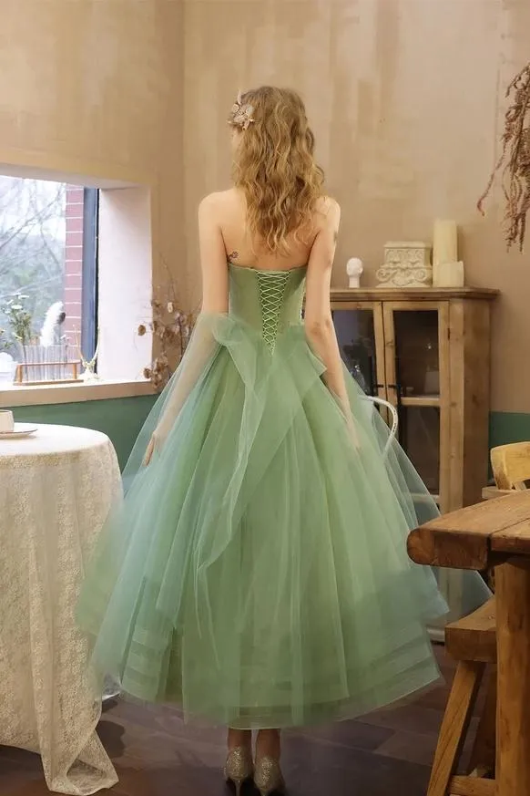 Charming Strapless Ruffles Tea Length Lace Up Tulle Homecoming Dress Short Prom Dresses Beautiful