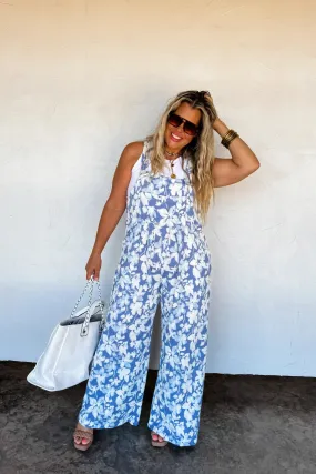 CLOSED PREORDER: Floral Blue Ribbed Overalls