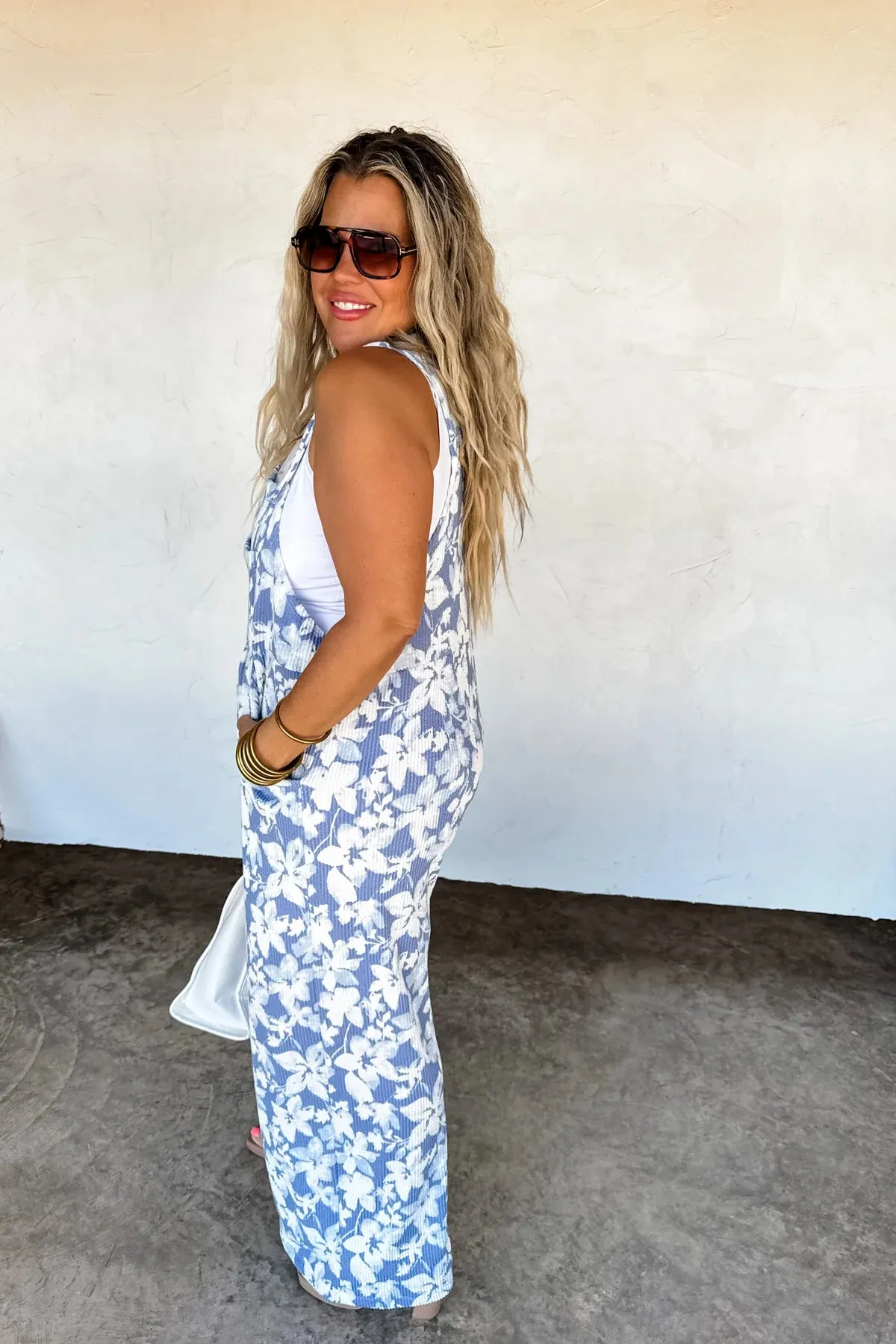 CLOSED PREORDER: Floral Blue Ribbed Overalls