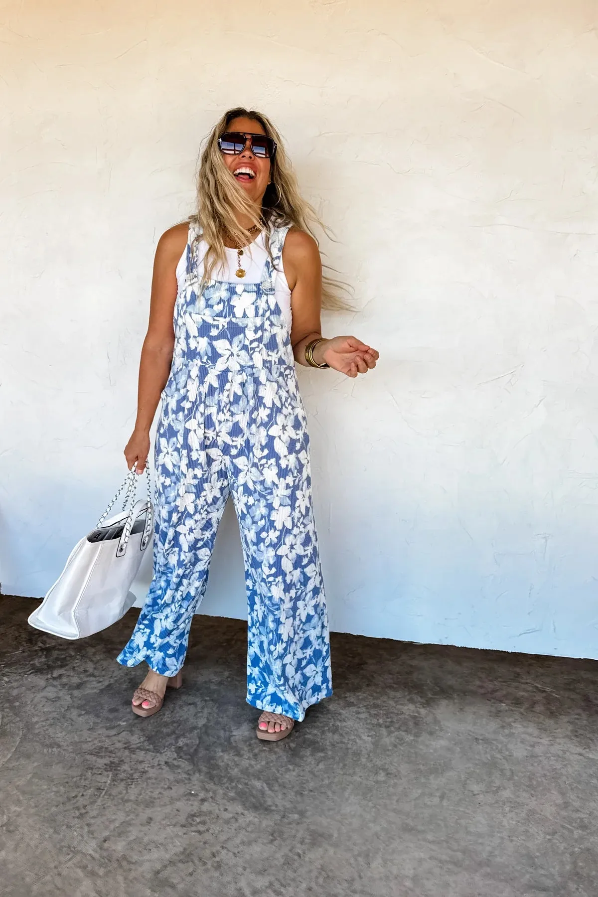 CLOSED PREORDER: Floral Blue Ribbed Overalls