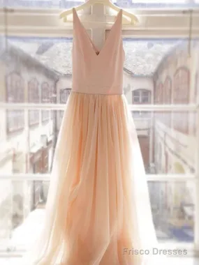 Custom Made A Line V Neck Champagne Tulle Prom Dresses, Champagne Wedding Dresses, A Line V Neck Graduation Dresses