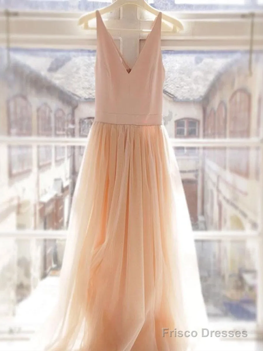 Custom Made A Line V Neck Champagne Tulle Prom Dresses, Champagne Wedding Dresses, A Line V Neck Graduation Dresses