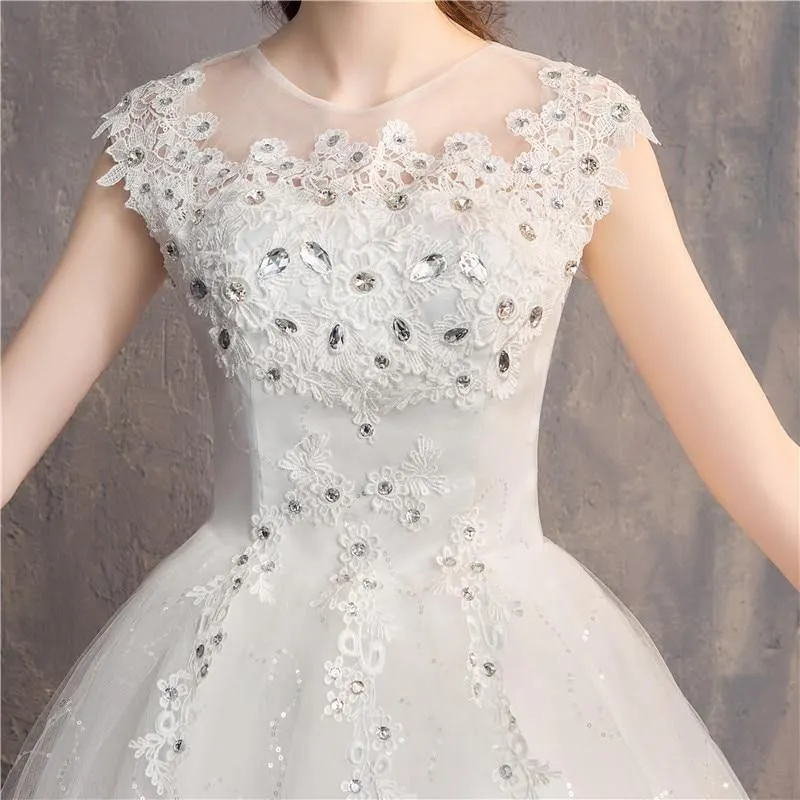 Diamond Lace O-neck Beading Wedding Dresses