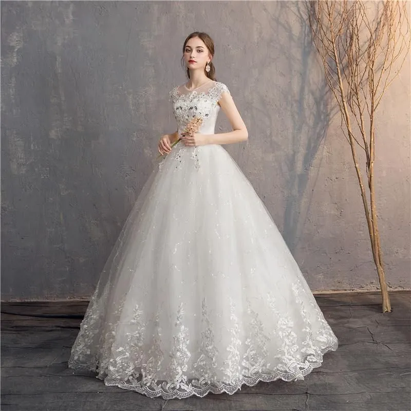 Diamond Lace O-neck Beading Wedding Dresses