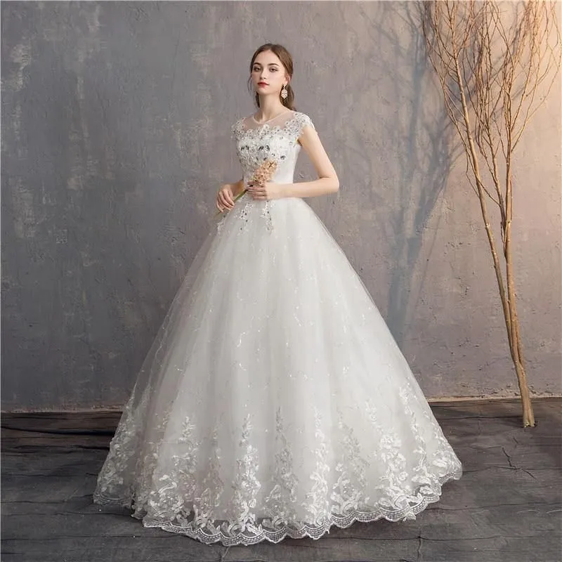 Diamond Lace O-neck Beading Wedding Dresses