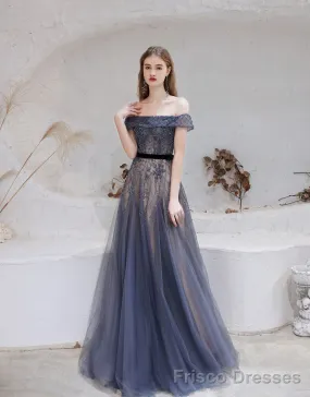 Evening Dress, Blue Prom Dresses, A Line Bateau Neck Floor Length Short Sleeves Zipper Formal Party Dresses, Pageant Dresses