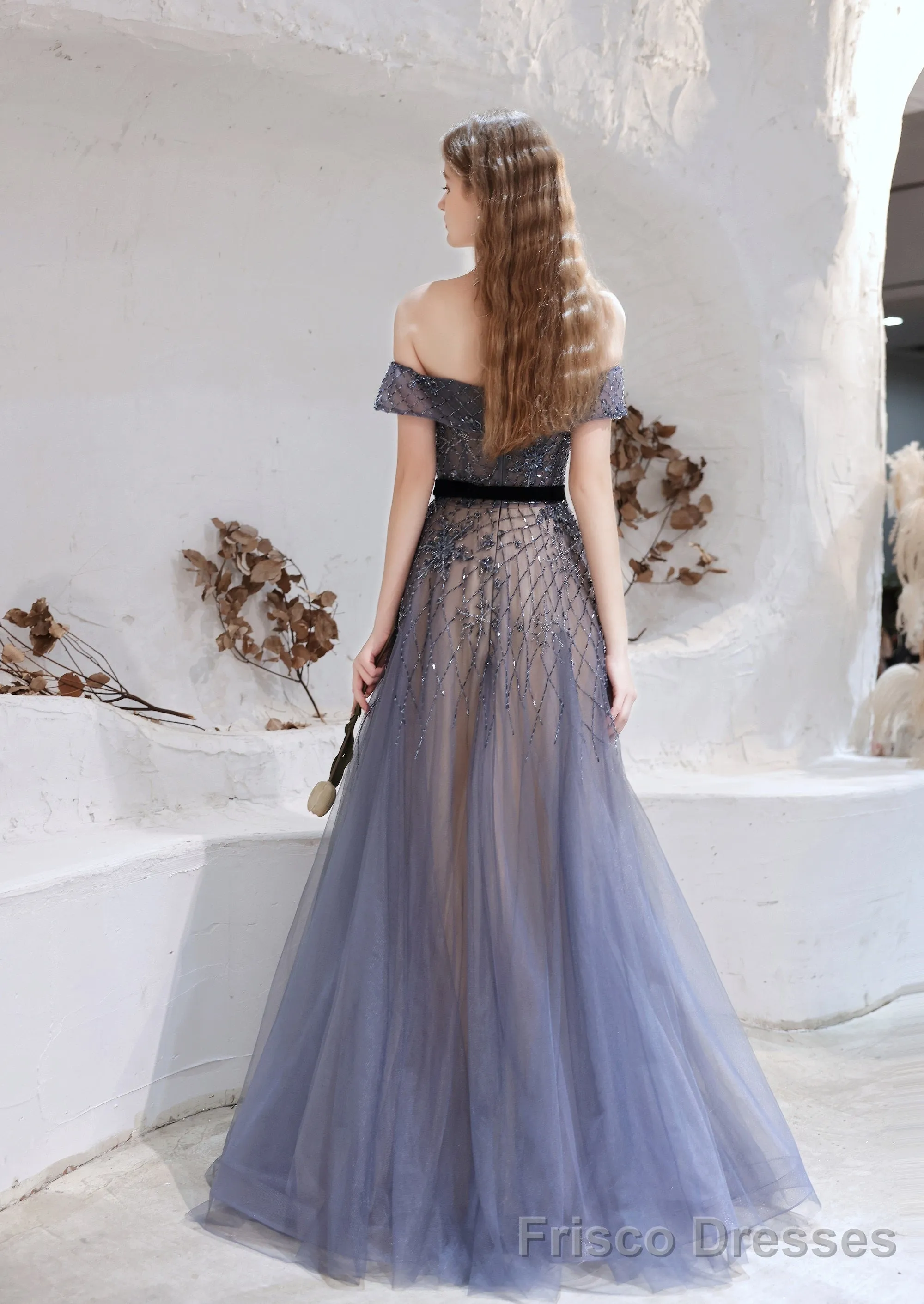 Evening Dress, Blue Prom Dresses, A Line Bateau Neck Floor Length Short Sleeves Zipper Formal Party Dresses, Pageant Dresses