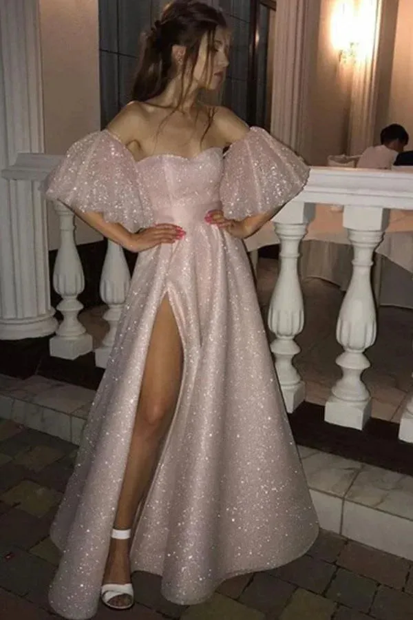 Formal Women's Dresses Gorgeous Pearl Pink Sequins High Split A-line Formal Dresses Prom Dresses Prom Dresses Stores