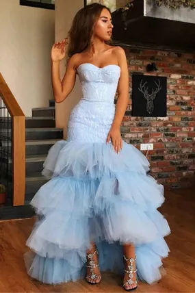 Formal Women's Dresses Light Blue Mermaid Strapless Tulle Prom Dresses Prom outfits Bowknot Layers Evening Dresses Prom Dresses Stores