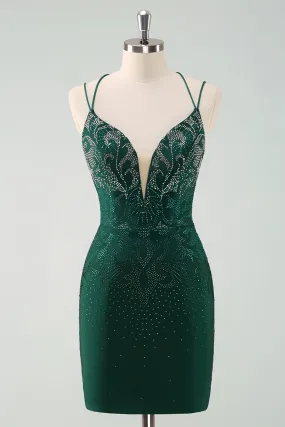 Glitter Dark Green Tight Homecoming Dresses with Lace Up Back Sexy Party Dress