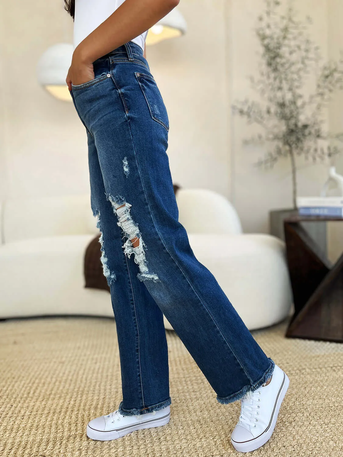 Judy Blue Dark Blue Mid Rise Distressed Raw Hem Jeans