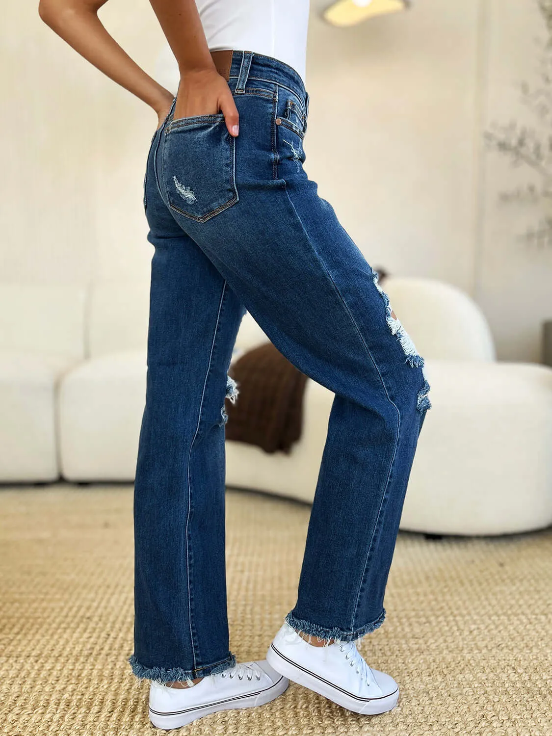Judy Blue Dark Blue Mid Rise Distressed Raw Hem Jeans