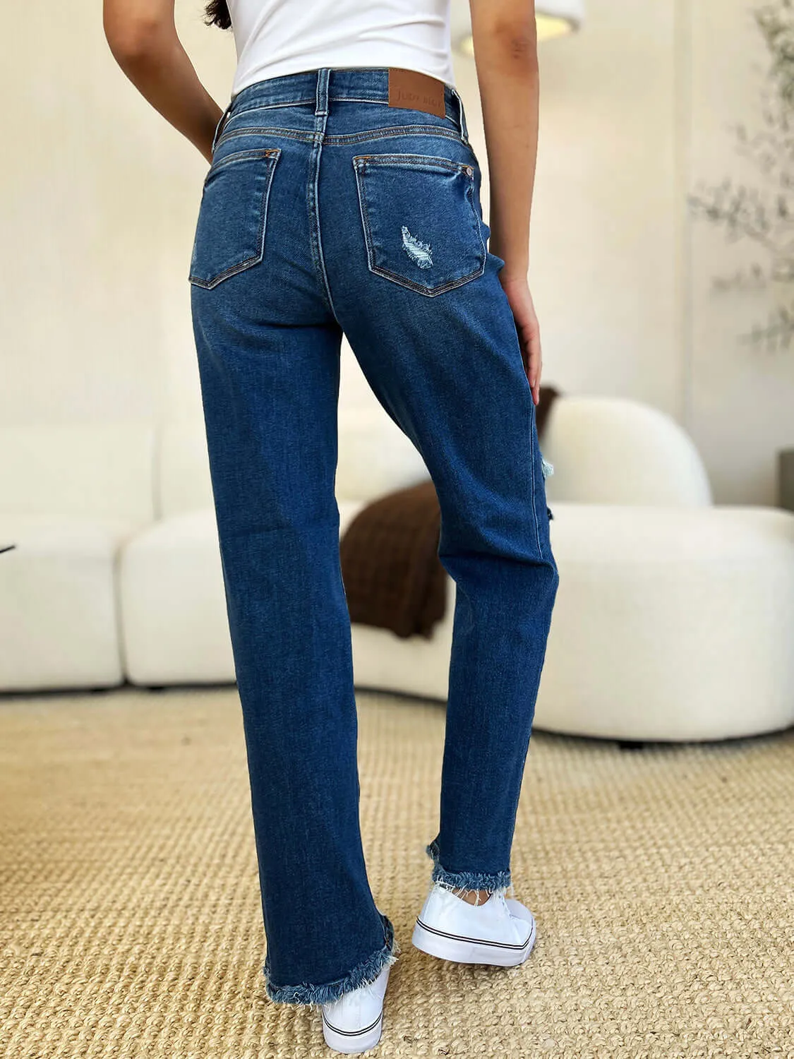 Judy Blue Dark Blue Mid Rise Distressed Raw Hem Jeans