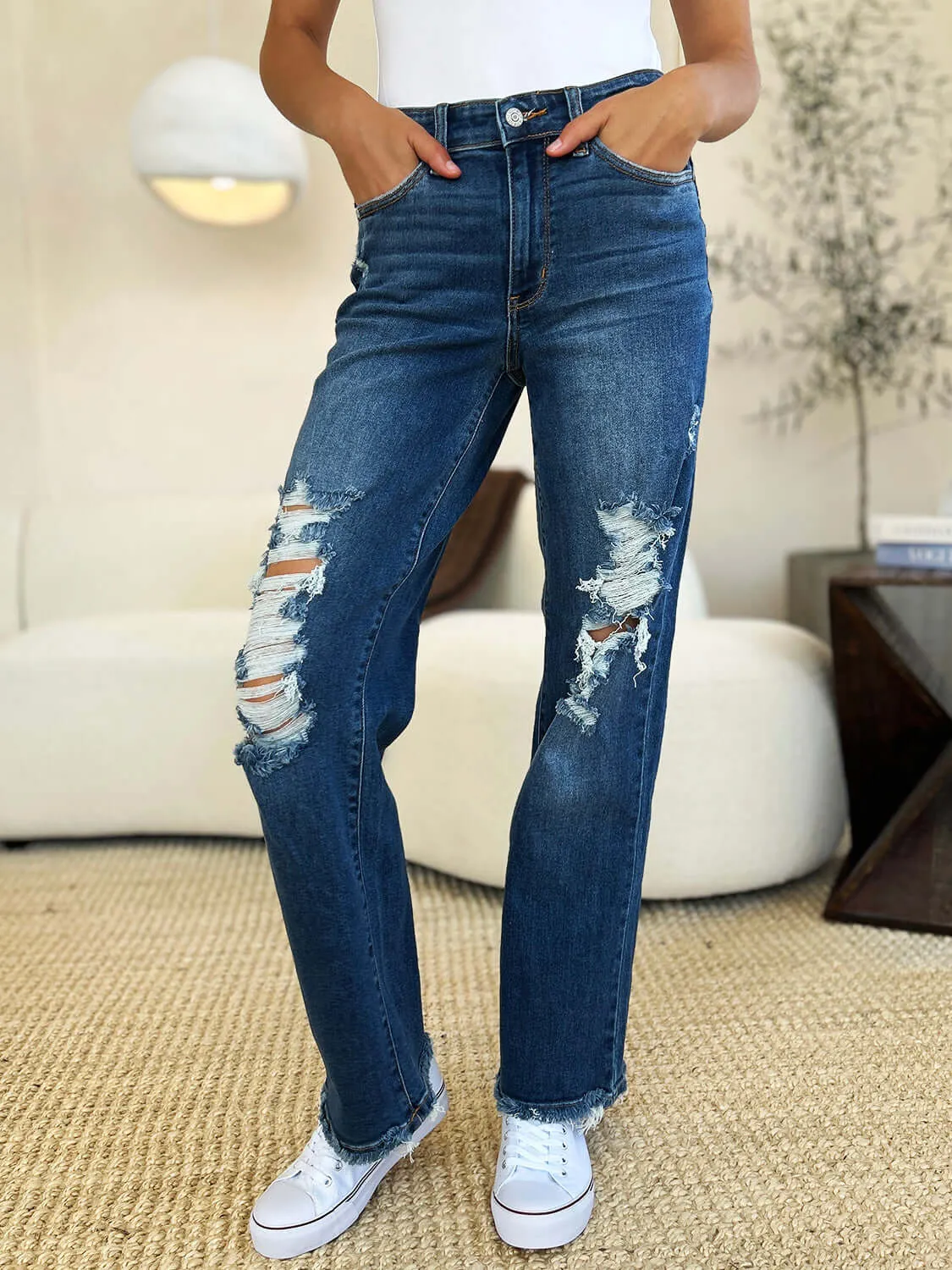 Judy Blue Dark Blue Mid Rise Distressed Raw Hem Jeans