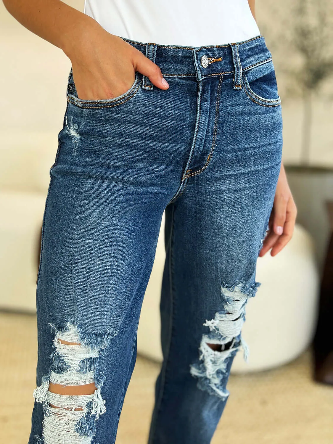 Judy Blue Dark Blue Mid Rise Distressed Raw Hem Jeans