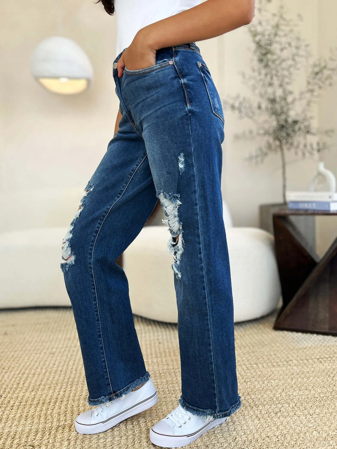 Judy Blue Dark Blue Mid Rise Distressed Raw Hem Jeans