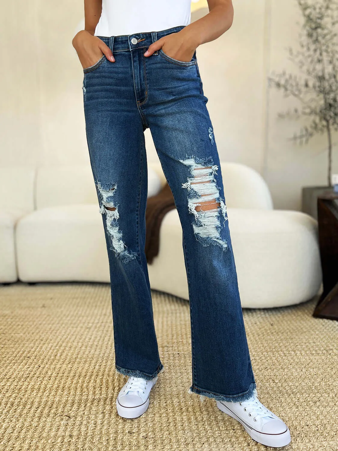 Judy Blue Dark Blue Mid Rise Distressed Raw Hem Jeans