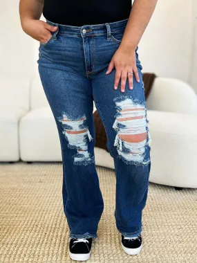 Judy Blue Dark Blue Mid Rise Distressed Raw Hem Jeans