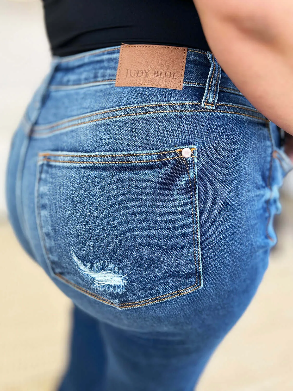 Judy Blue Dark Blue Mid Rise Distressed Raw Hem Jeans