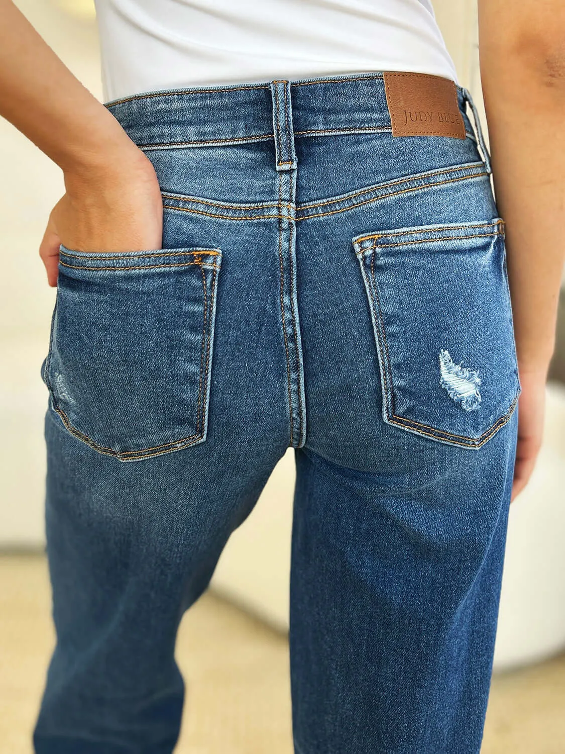 Judy Blue Dark Blue Mid Rise Distressed Raw Hem Jeans