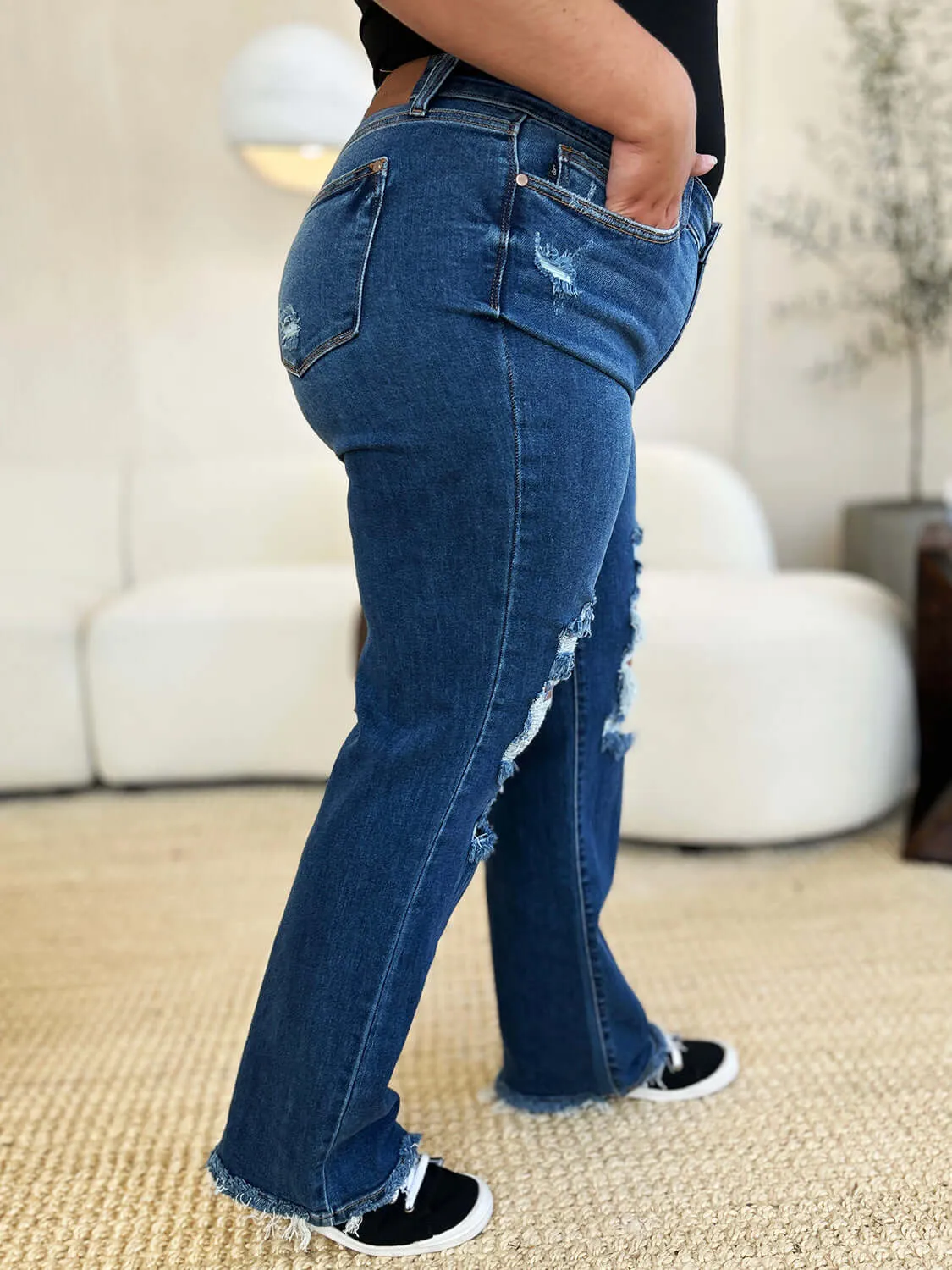 Judy Blue Dark Blue Mid Rise Distressed Raw Hem Jeans