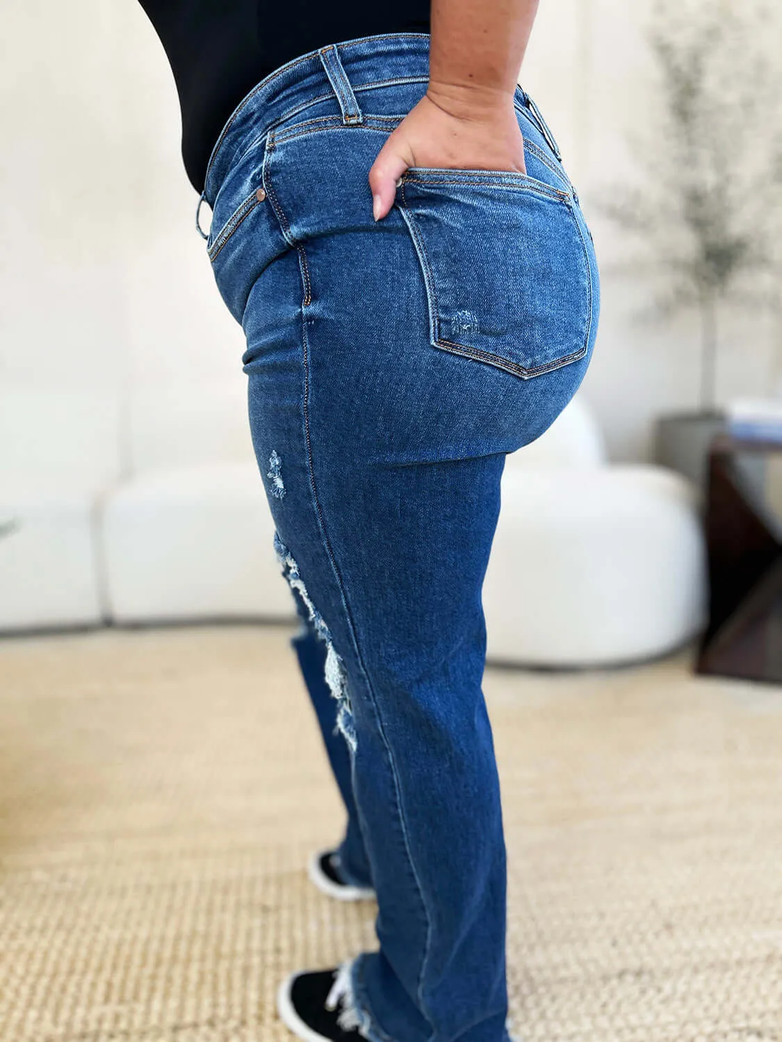 Judy Blue Dark Blue Mid Rise Distressed Raw Hem Jeans