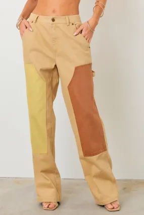 Khaki Color Block Straight Leg Denim Pants