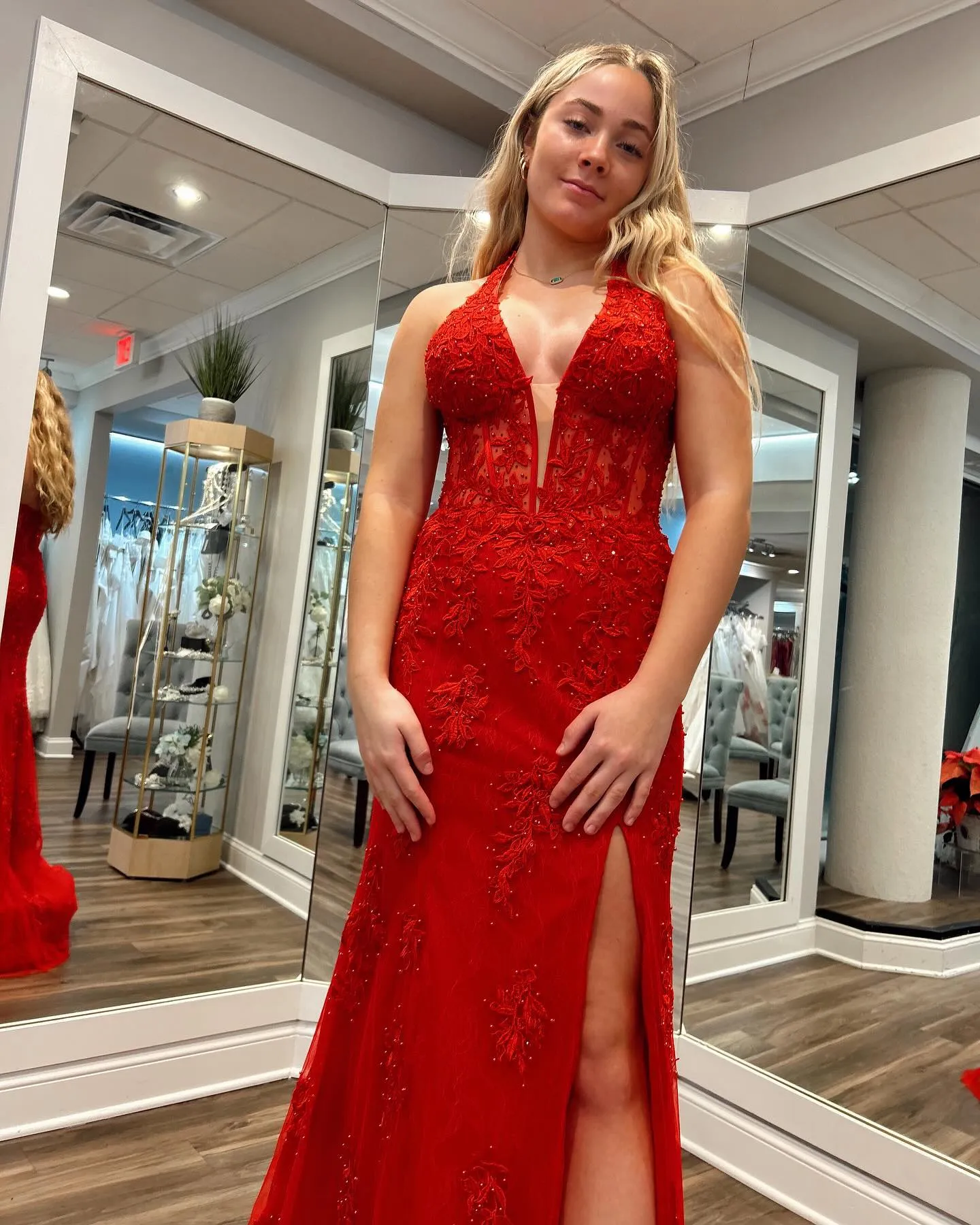Lace Appliques Mermaid Prom Dresses With Beads And Slit Sweep Train Sexy Evening Dresses