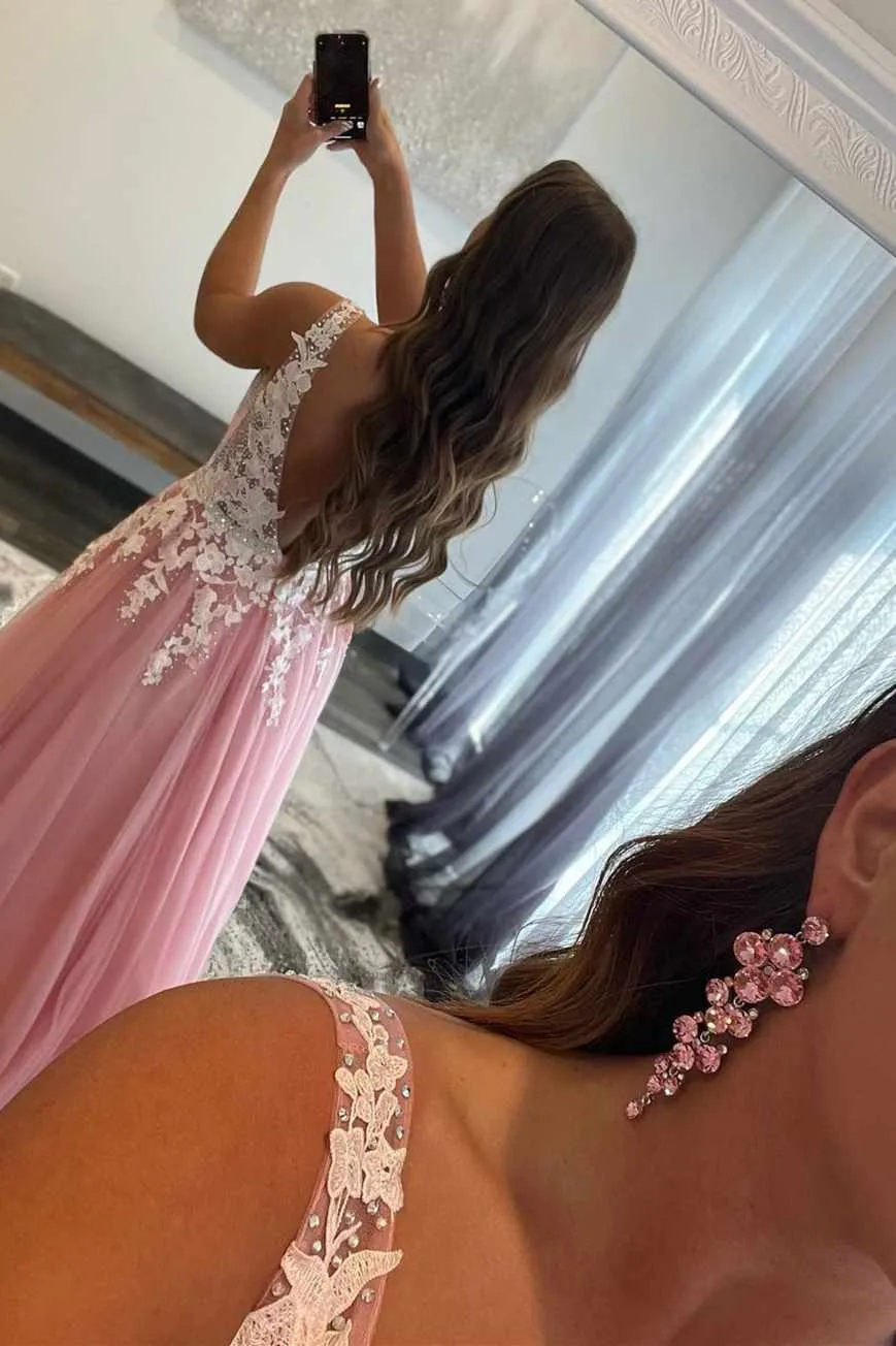 Long Evening Dresses A Line Tulle V Neck Straps Lace Appliques Prom Dresses
