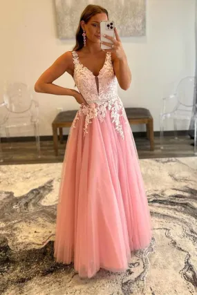 Long Evening Dresses A Line Tulle V Neck Straps Lace Appliques Prom Dresses