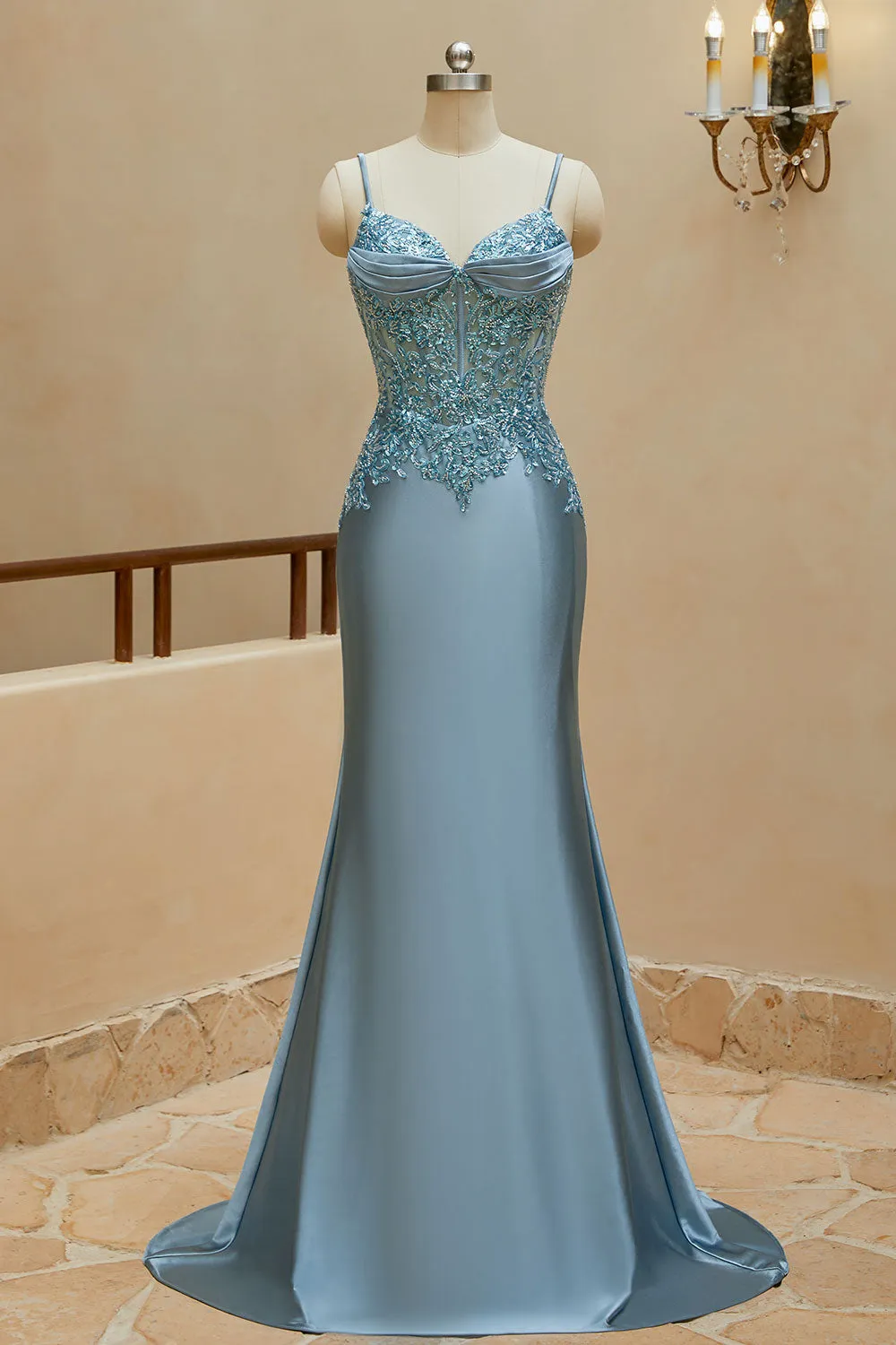 Mermaid Spaghetti Straps Prom Dresses Satin & Lace Sweep Train Evening Dresses