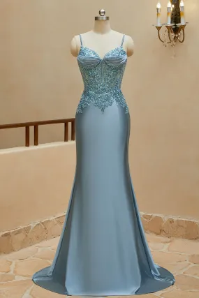 Mermaid Spaghetti Straps Prom Dresses Satin & Lace Sweep Train Evening Dresses