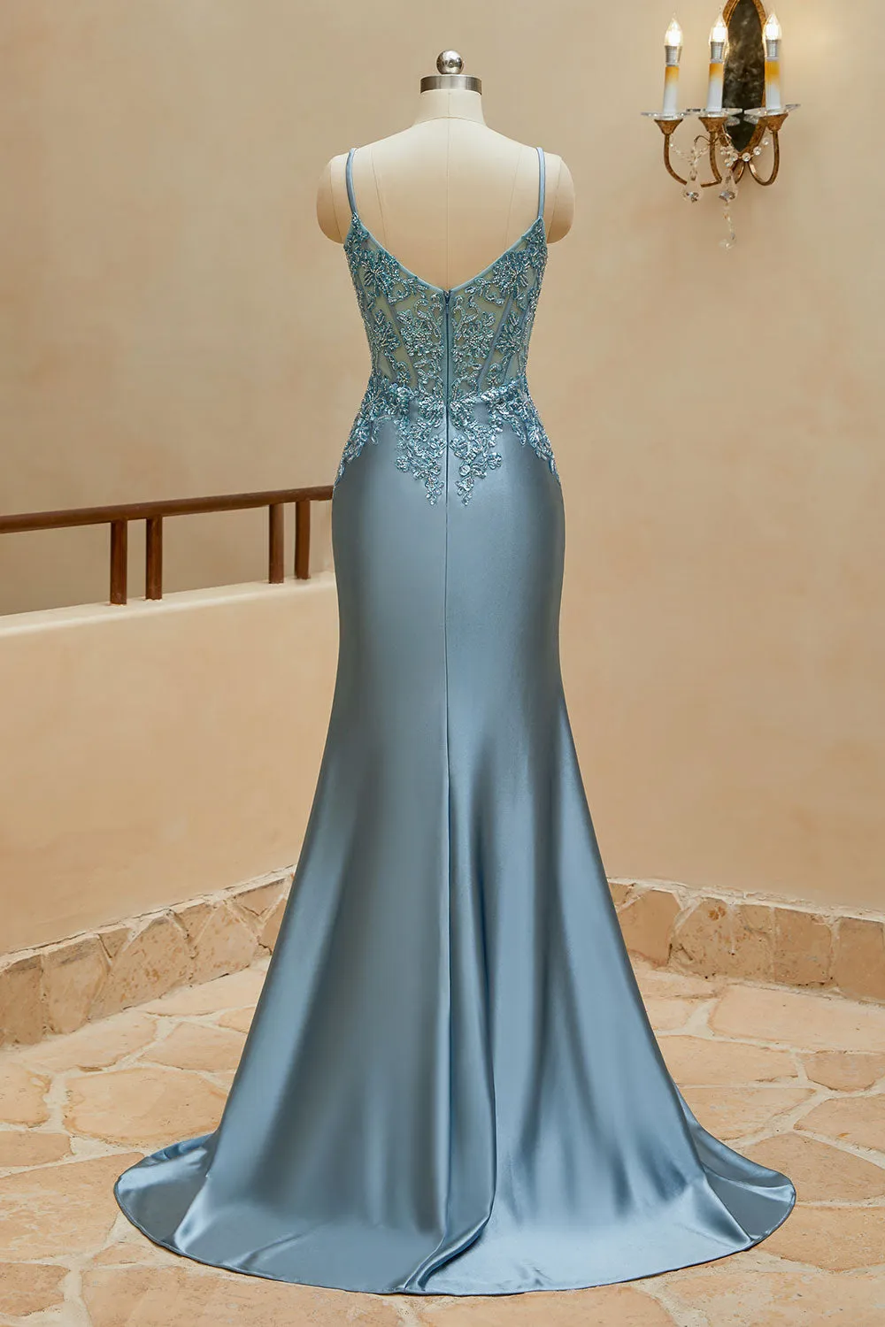 Mermaid Spaghetti Straps Prom Dresses Satin & Lace Sweep Train Evening Dresses