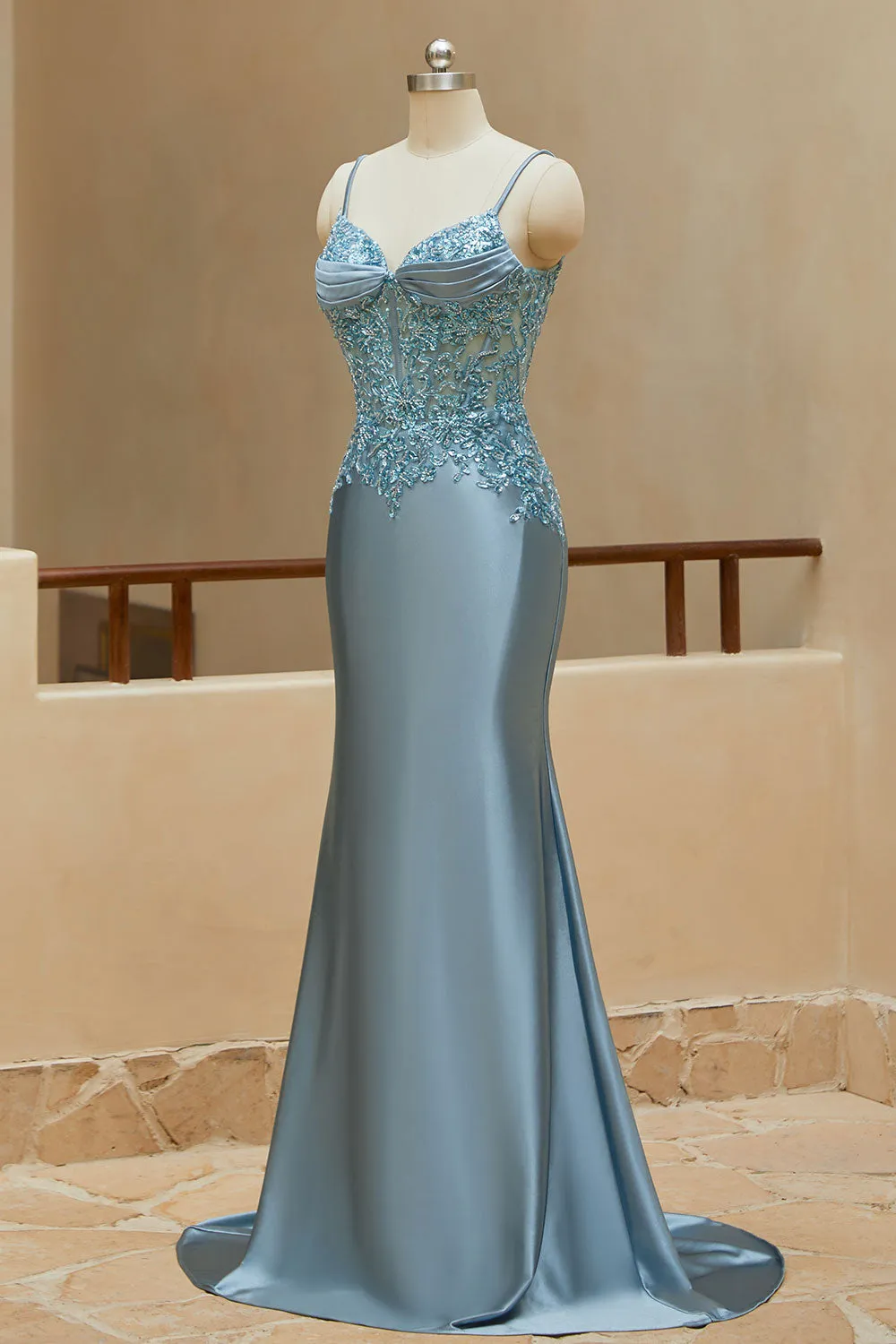 Mermaid Spaghetti Straps Prom Dresses Satin & Lace Sweep Train Evening Dresses
