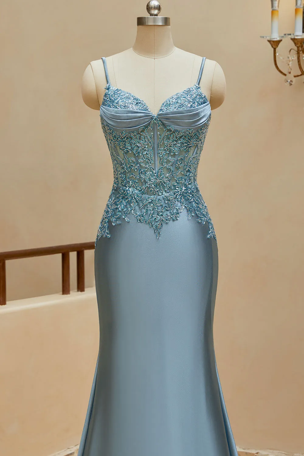 Mermaid Spaghetti Straps Prom Dresses Satin & Lace Sweep Train Evening Dresses